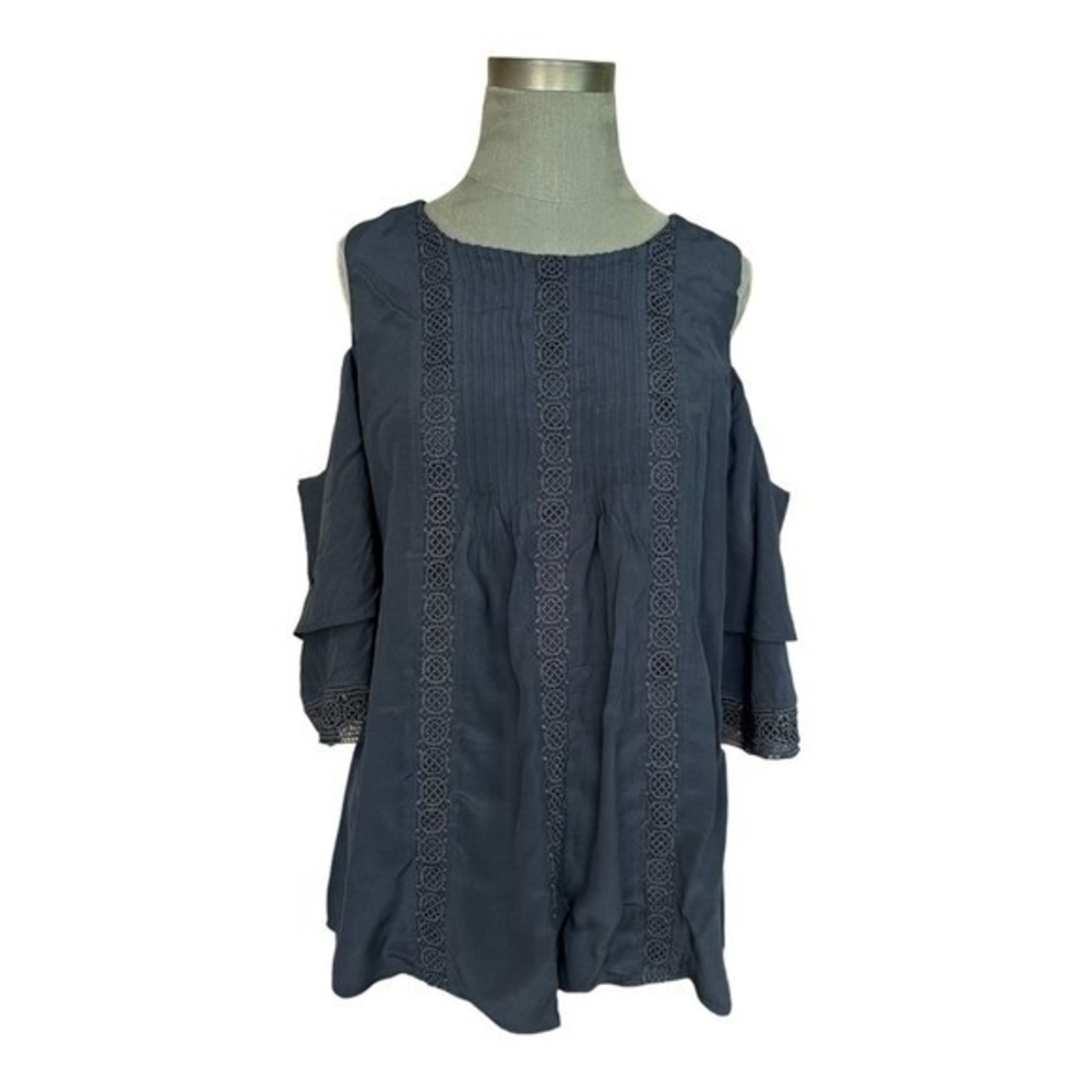 Ann Taylor Women Blouse Navy Blue Cold Shoulder Crochet Lace Ruched Tiered Sleev - Picture 4 of 7